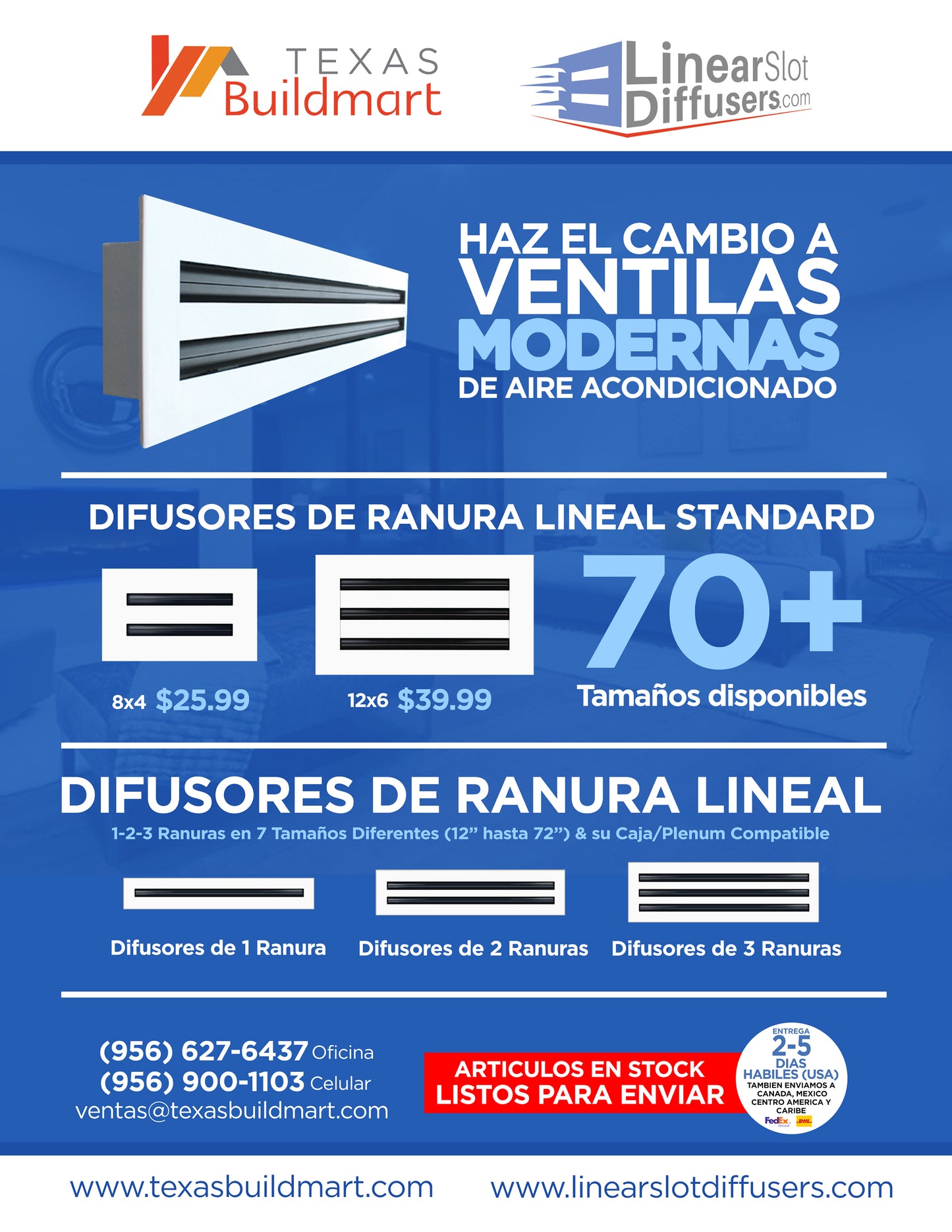 Publicidad de 25x24 Ventila Moderna de Color Blanco para Aire Acondicionado - 25x24 Estandard Difusor Lineal - Texas Buildmart